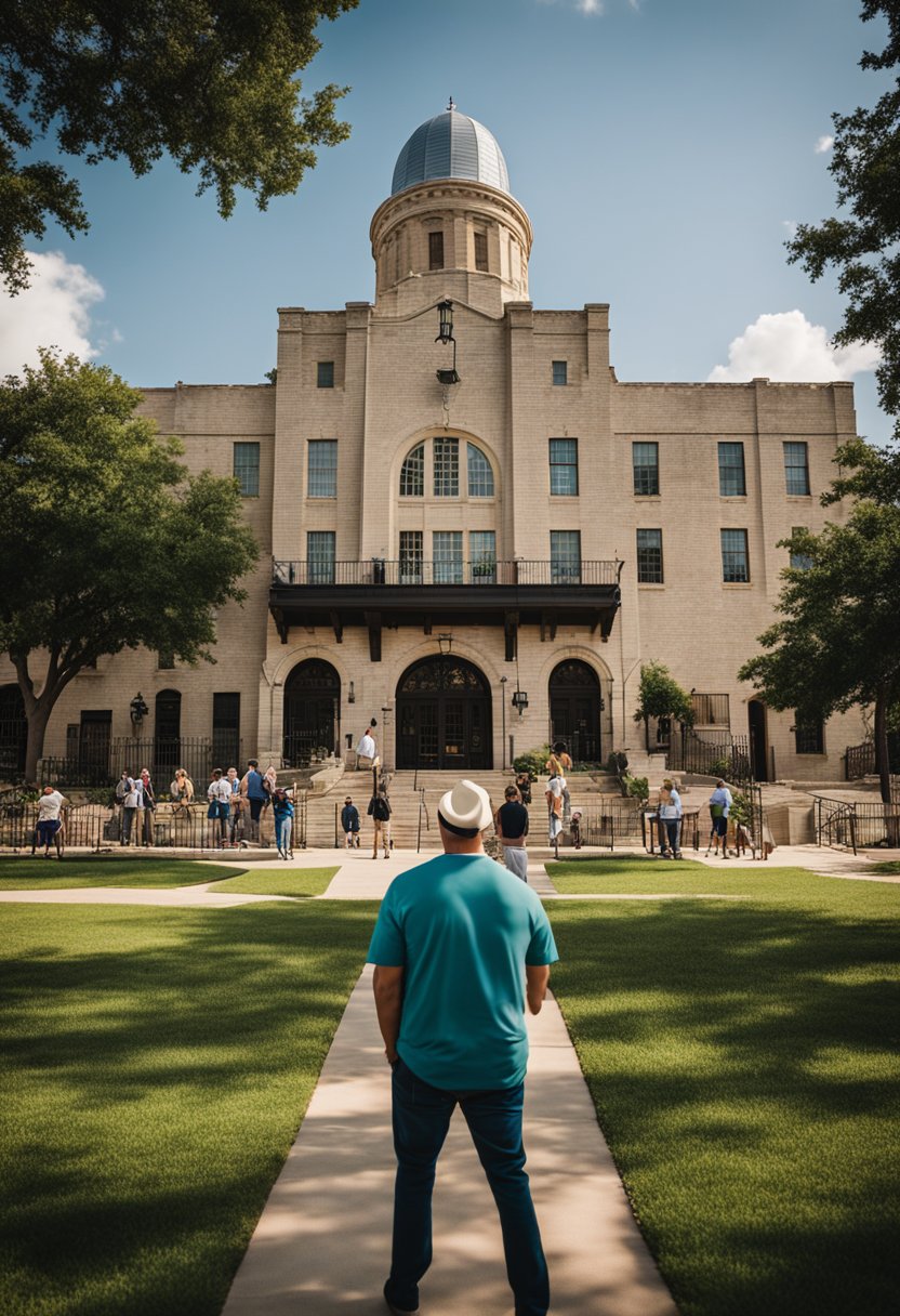 Visitors explore historic sites in Waco, Texas. They listen to tour guides and take in the architecture and landmarks