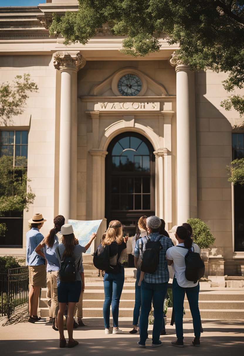 Tourists gather around a guide in front of a historic building, pointing to a map of Waco's historical sites. The sun shines down on the group as they plan their visit