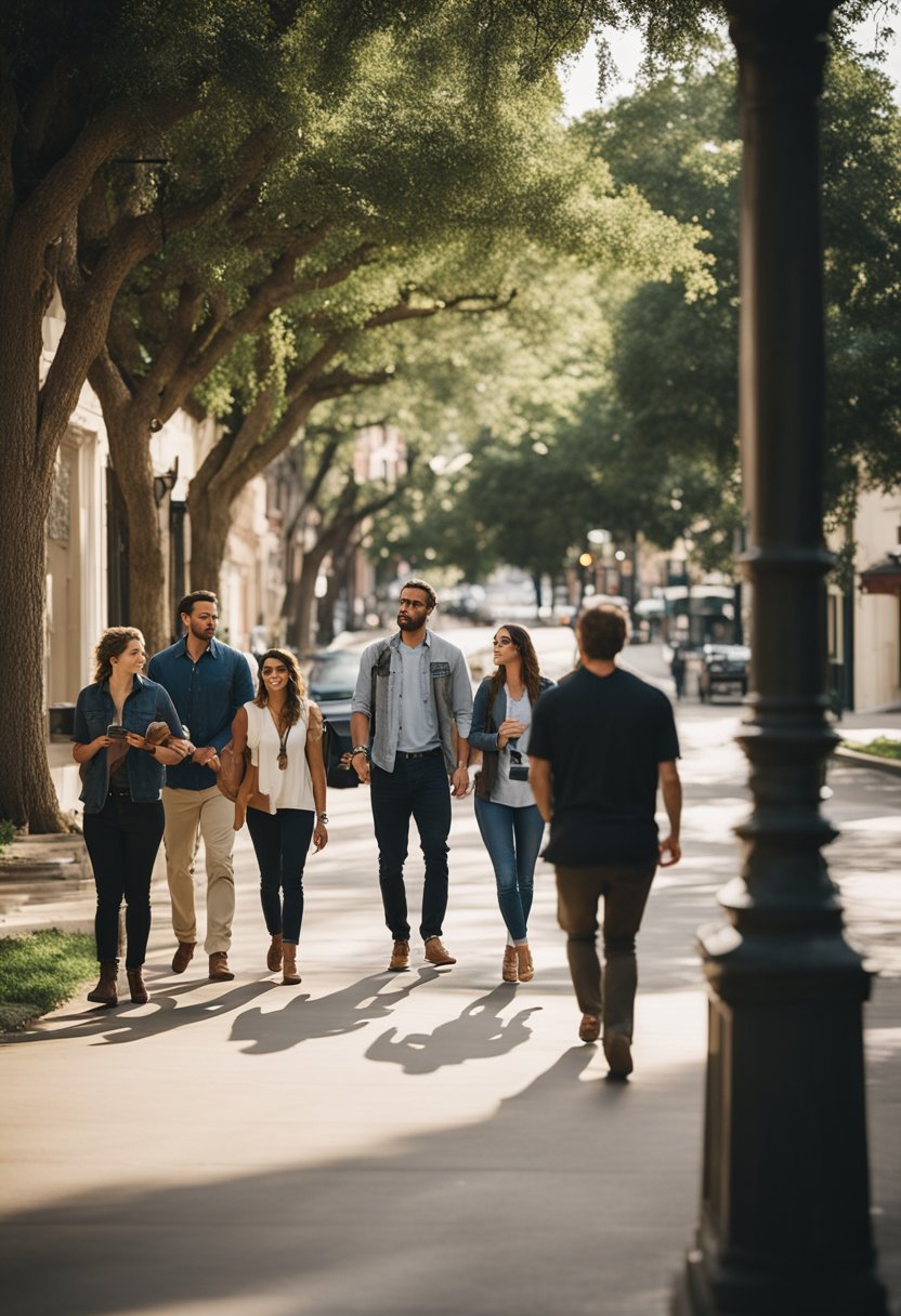 A group of people follows a tour guide through the historic streets of Waco, stopping at landmarks and listening to stories from the past