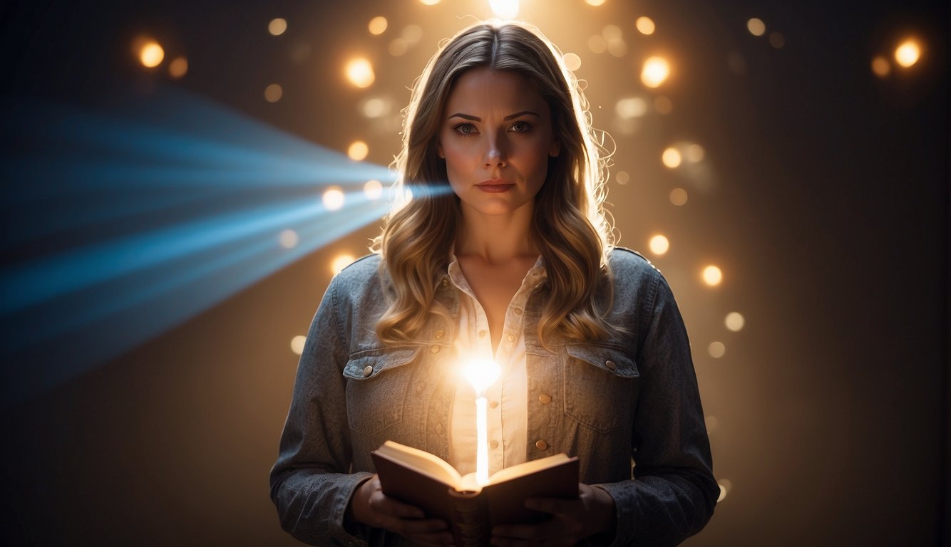 A woman standing confidently, holding a Bible open with a determined expression, surrounded by a glowing aura, while spiritual entities cower in fear