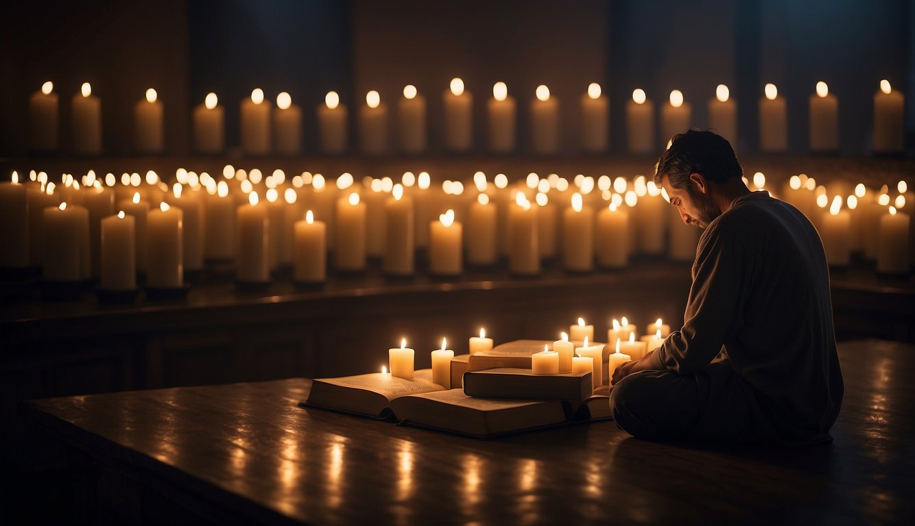 A figure kneels in prayer, surrounded by candles and a Bible. A faint glow emanates from the figure, symbolizing the power of prayer and fasting against spiritual forces