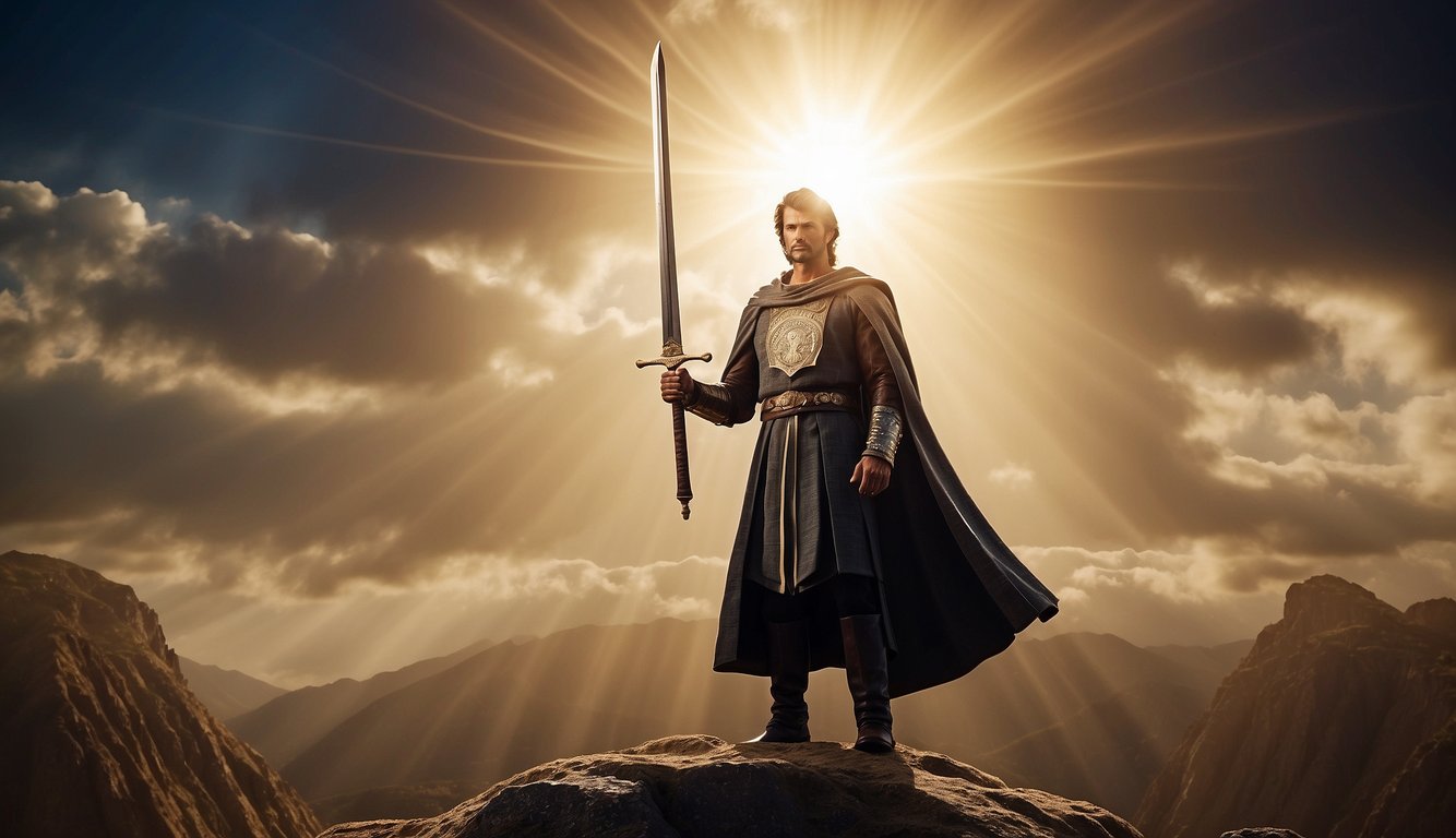 A figure stands tall with a sword raised, surrounded by rays of light and symbols of victory. A Bible lies open at their feet, with verses highlighted