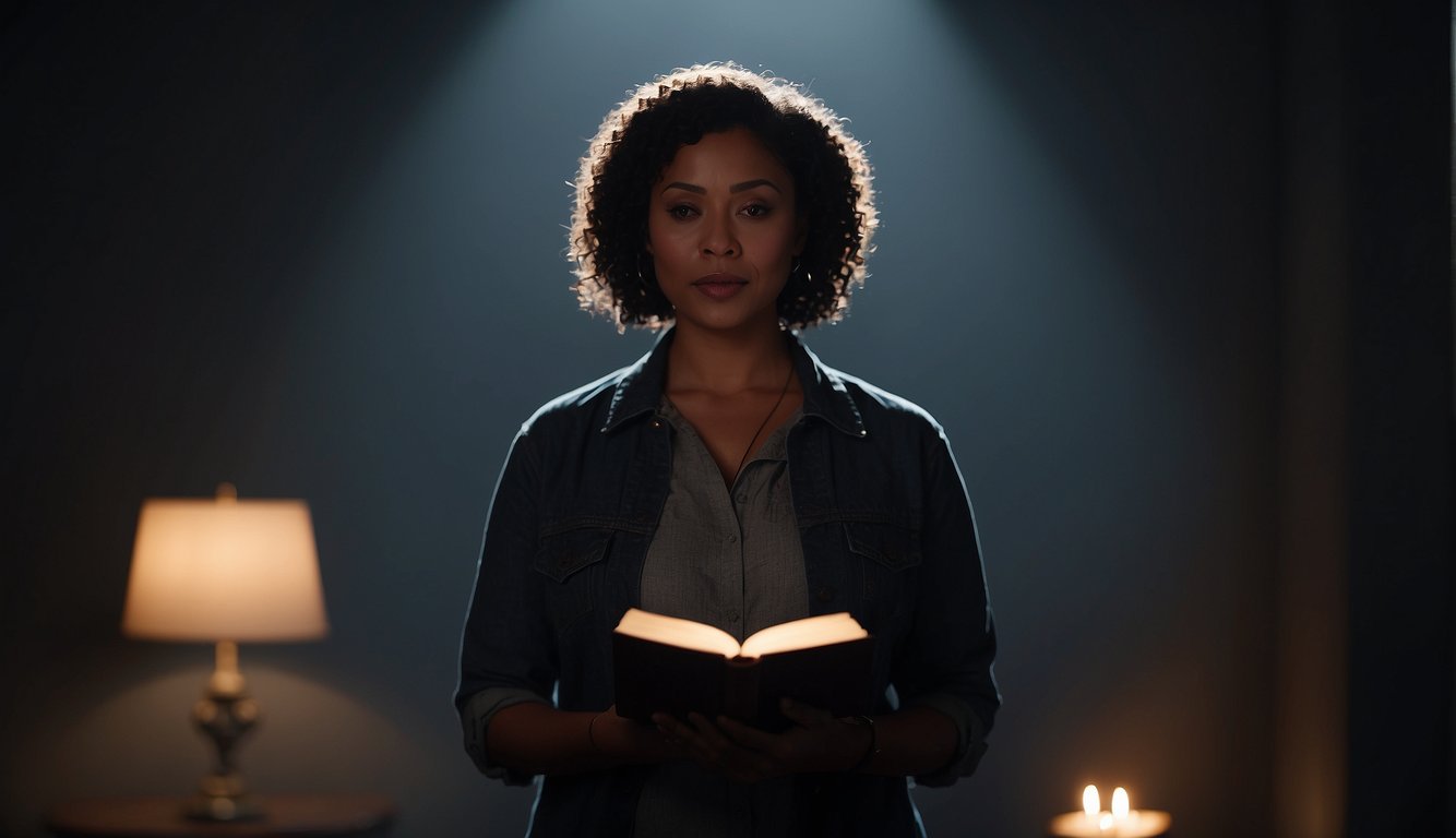 A woman stands in a dimly lit room, clutching a Bible close to her chest. Shadows loom in the background as she recites verses to ward off a spiritual presence