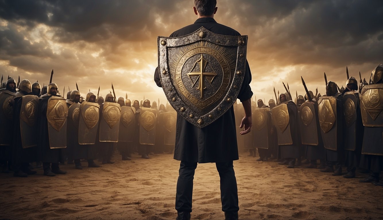 A person standing strong, holding a shield with Bible verses written on it, surrounded by spiritual warfare symbols