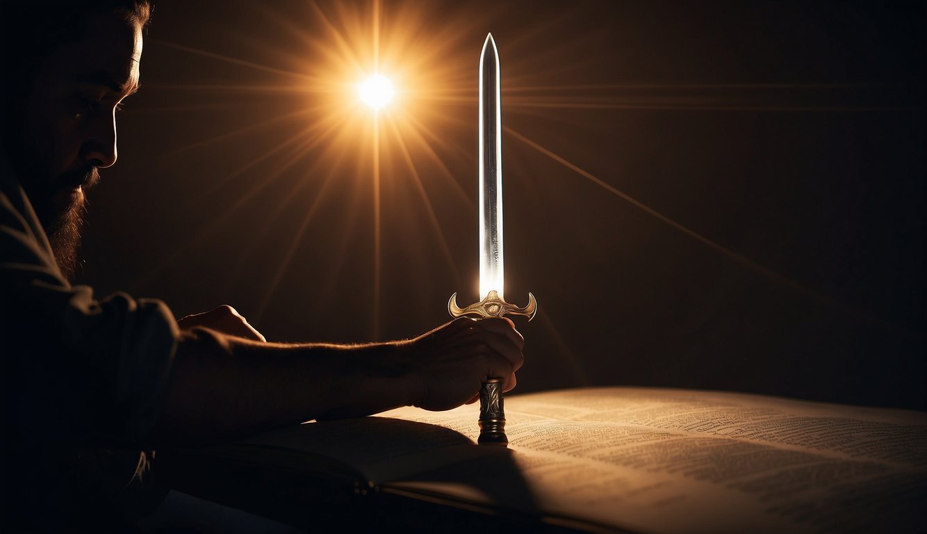 A glowing sword piercing through a dark, shadowy figure representing the spiritual husband, while Bible verses surround and encircle the scene, emanating power and light