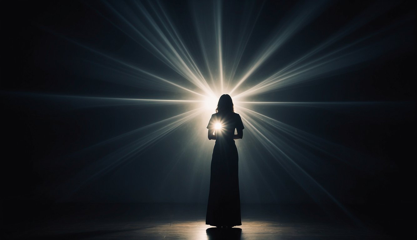 A woman standing in a dark room, holding a Bible and facing a shadowy figure representing a spiritual husband. Rays of light breaking through the darkness