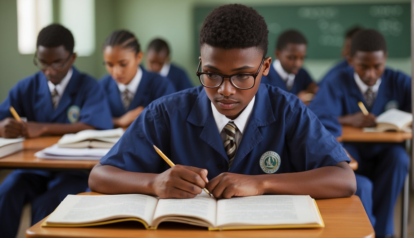 Science students studying textbooks with WAEC & NECO logos on desks