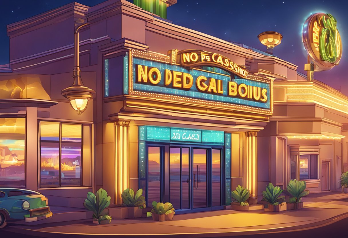 Bright lights flash outside Vegas2Web Casino. A sign advertises "No Deposit Bonus." Patrons enter eagerly