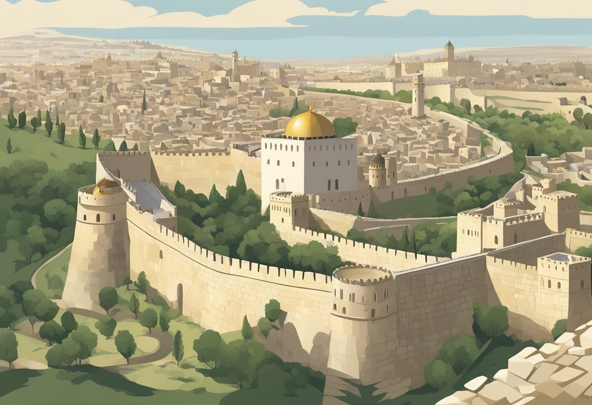Ancient Jerusalem's walls rise and curve, with watchtowers dotting the perimeter. The stone fortifications show signs of wear from centuries of battles and sieges