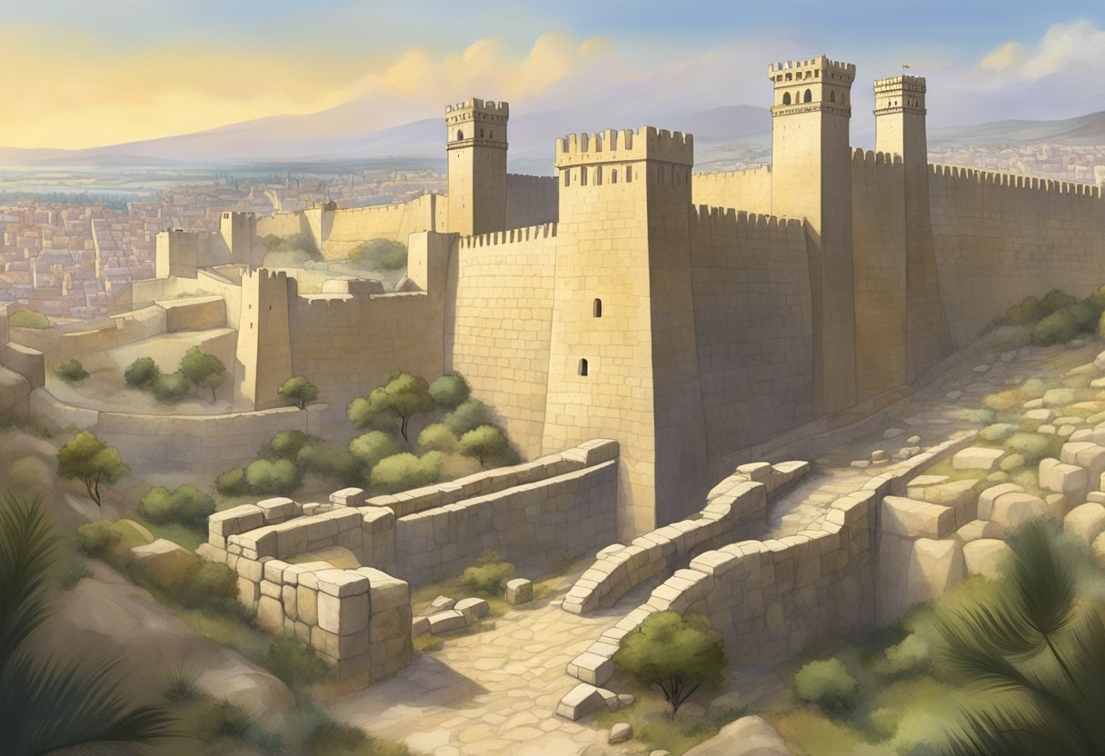 Ancient Canaanite fortifications surround Jerusalem, with towering walls and watchtowers overlooking the city. The stone structures stand strong, showcasing the city's rich history and enduring strength