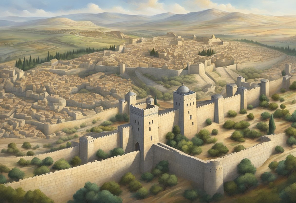 The ancient city of Jerusalem is surrounded by towering stone walls, with watchtowers strategically placed along the defenses. The walls are fortified with large stone blocks, creating a formidable barrier against potential invaders