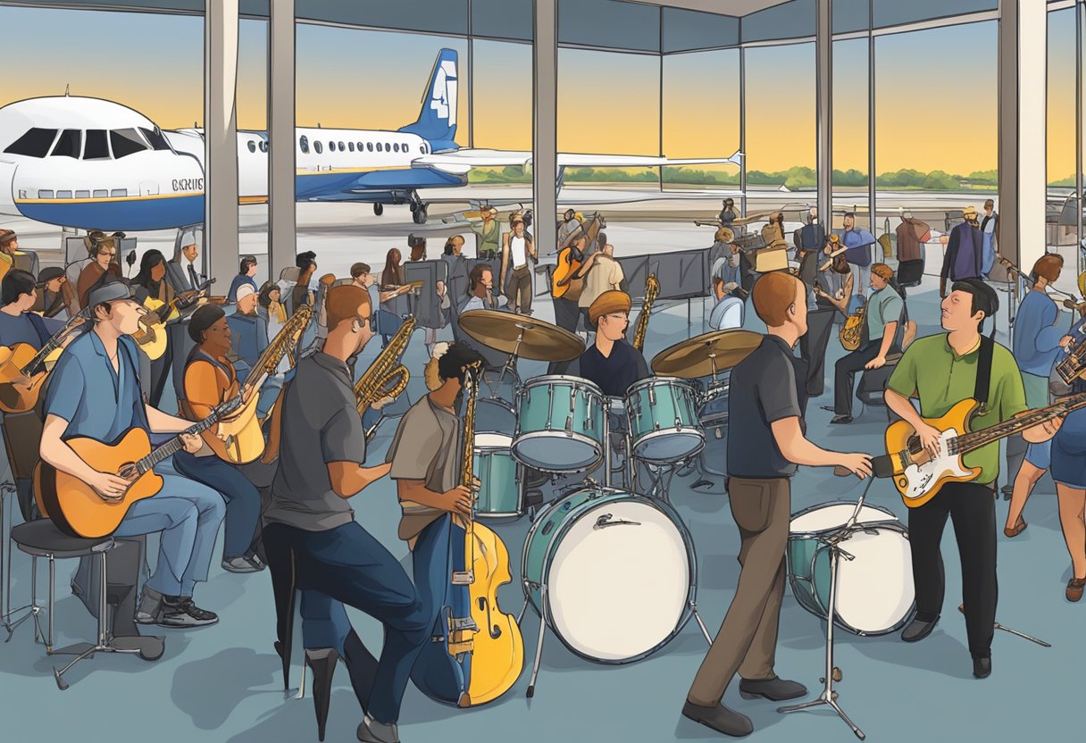 Musicians play instruments on stage at Austin-Bergstrom Airport. Crowd watches. Instruments include guitars, saxophones, and drums