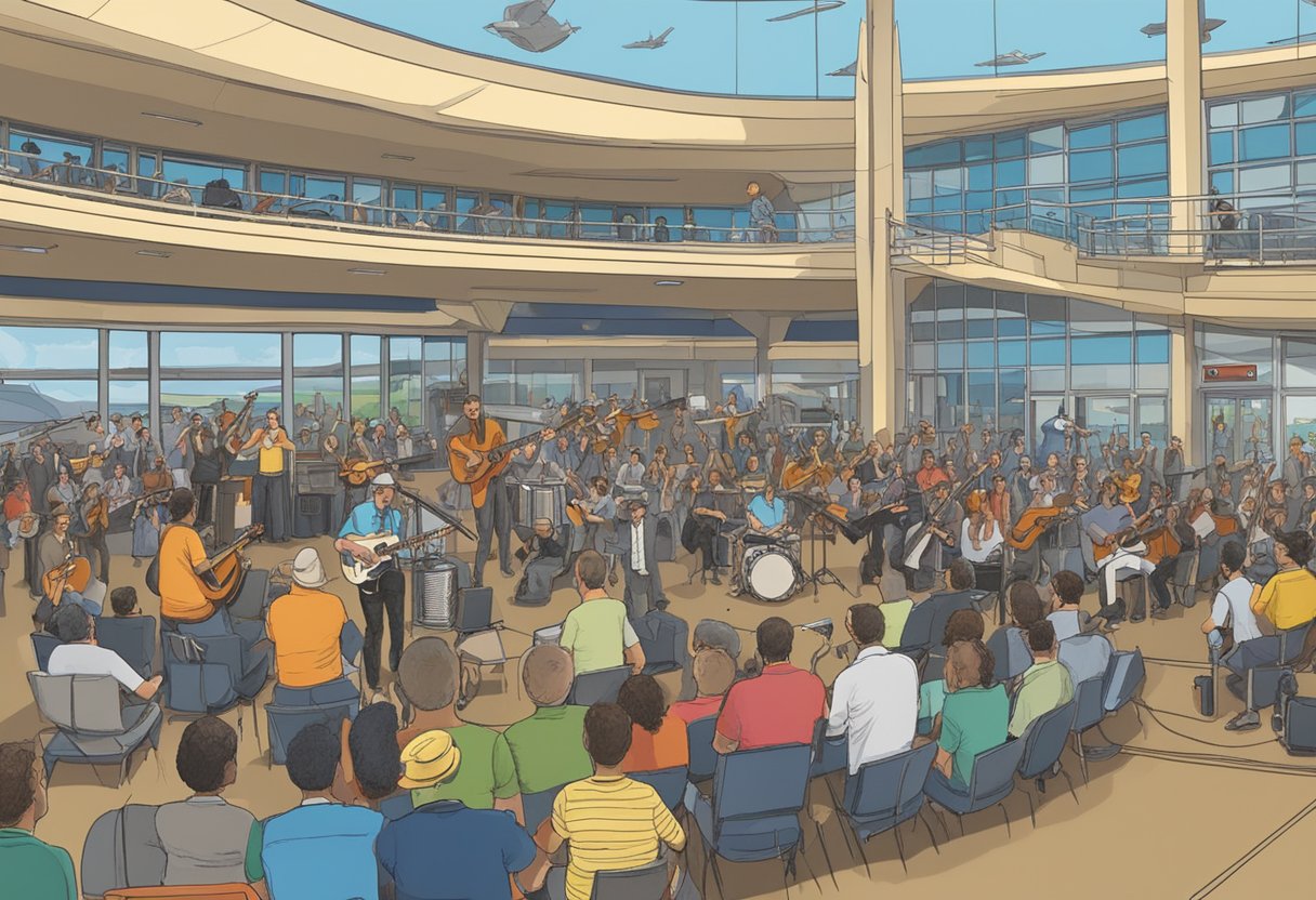 Musicians play on stage at Austin-Bergstrom Airport, surrounded by travelers