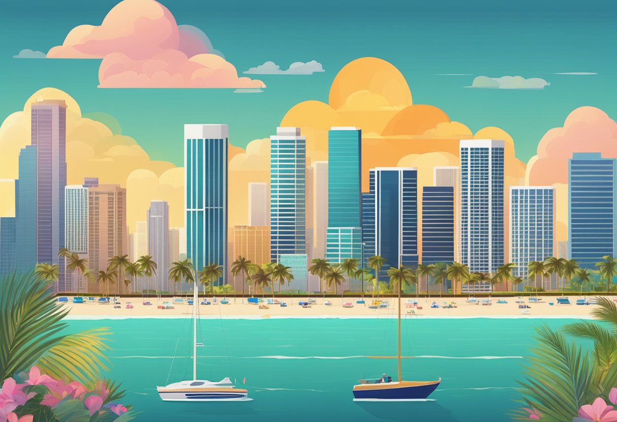 The bustling city of Miami is depicted with high-rise buildings, palm trees, and a beautiful beachfront. A graph showing an upward trend in real estate prices is prominently displayed