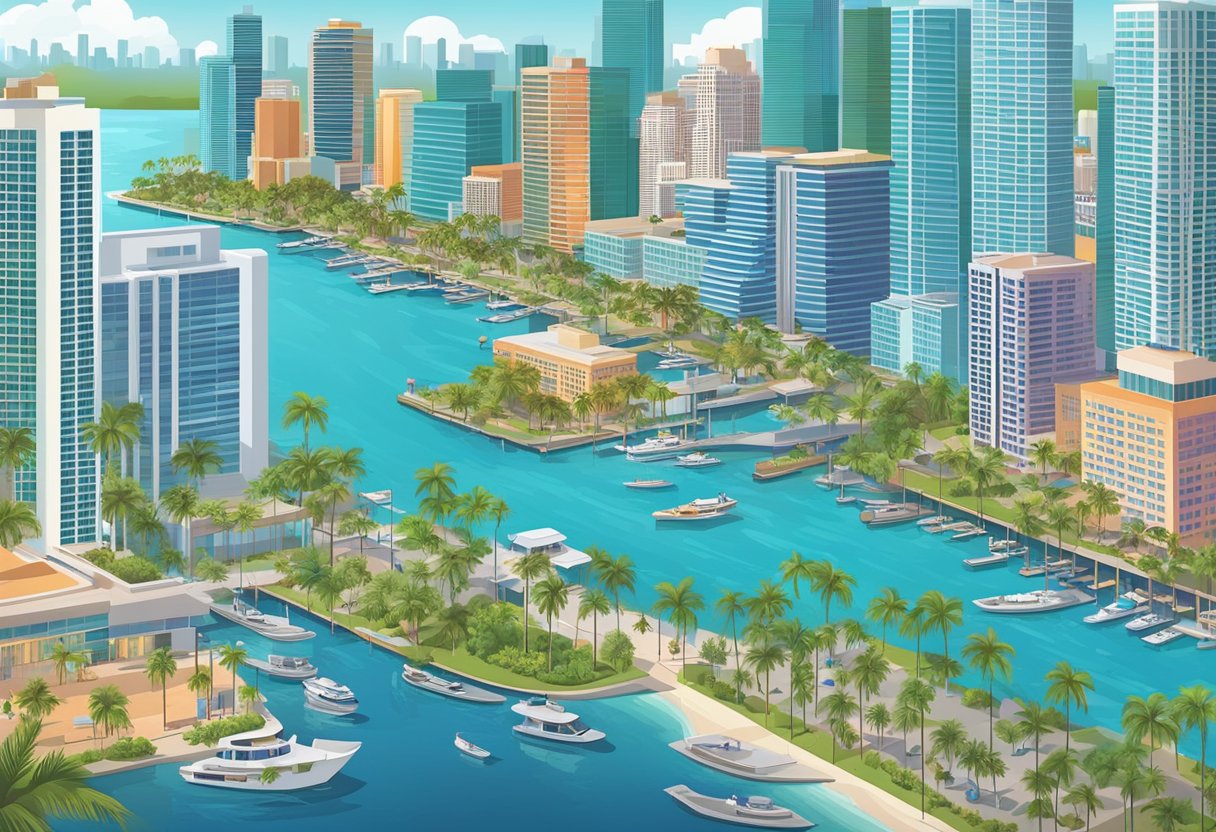 A bustling Miami skyline with high-rise buildings, palm trees, and a vibrant waterfront, showcasing the city's thriving real estate market