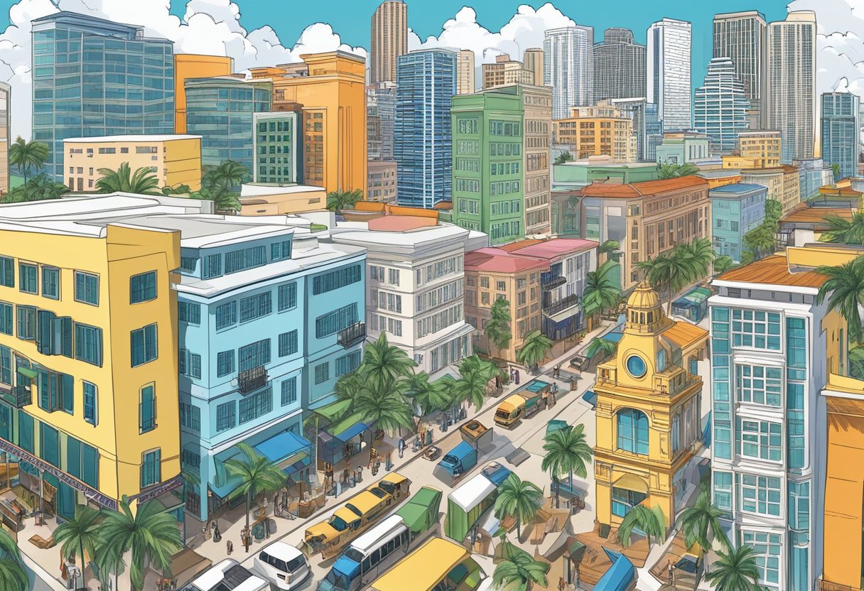 A bustling Miami market with rising real estate prices and busy transactions. Bright, modern buildings contrast with historic architecture, reflecting the city's dynamic growth