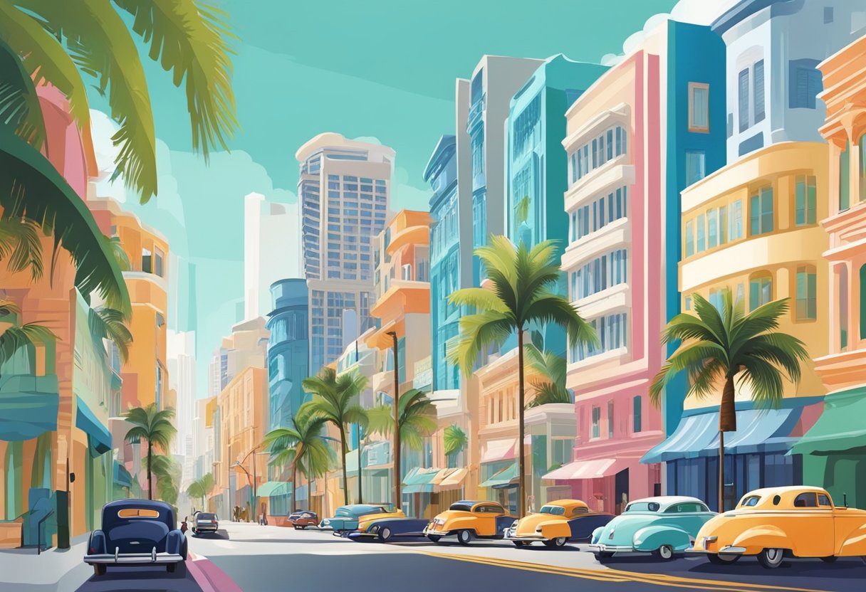 A bustling Miami street lined with colorful, art deco buildings, palm trees, and bustling with activity. Real estate signs dot the sidewalks, showcasing the best neighborhoods for a good deal