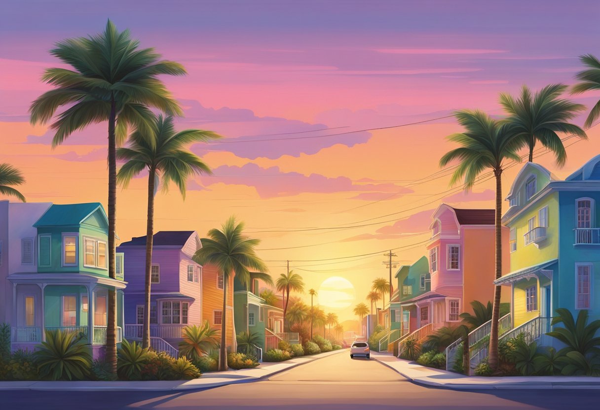 Bright, colorful houses line the quiet streets of Miami's top value neighborhoods. Palm trees sway in the gentle breeze, and the sun sets behind the city skyline, casting a warm glow over the area