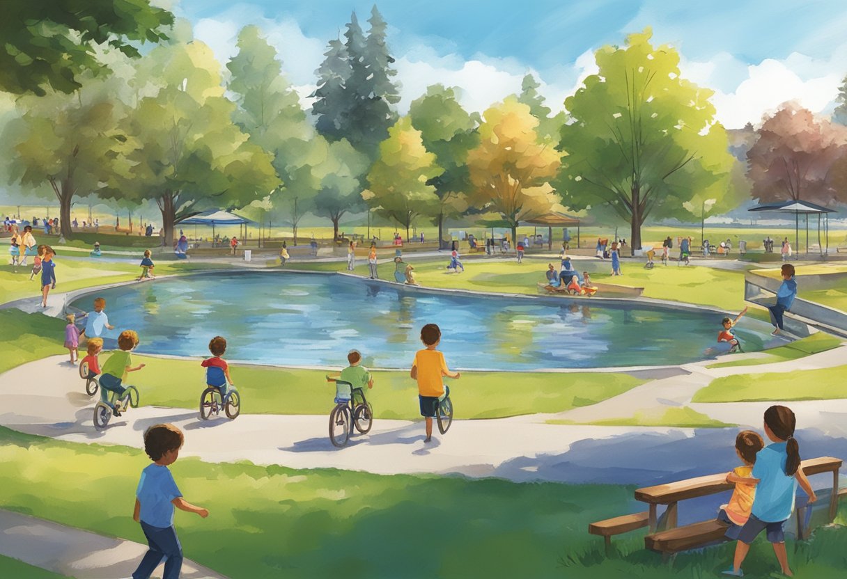 Kids playing at Luther Burbank Park's playground, splashing in the water feature, and picnicking on the grassy area with a view of Lake Washington