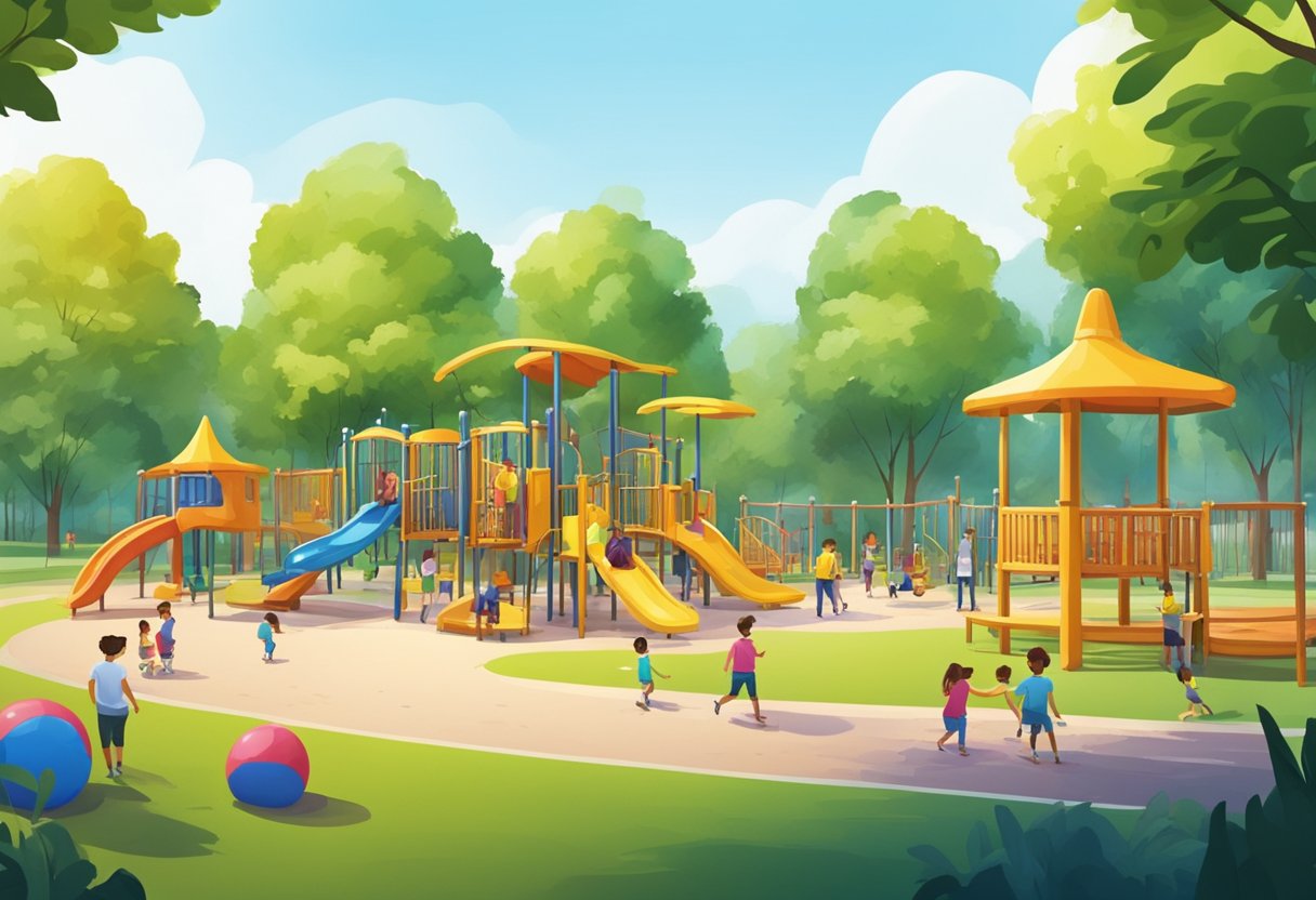 Colorful playground equipment fills a spacious park, surrounded by lush greenery and tall trees. Children laugh and play, while families relax on benches