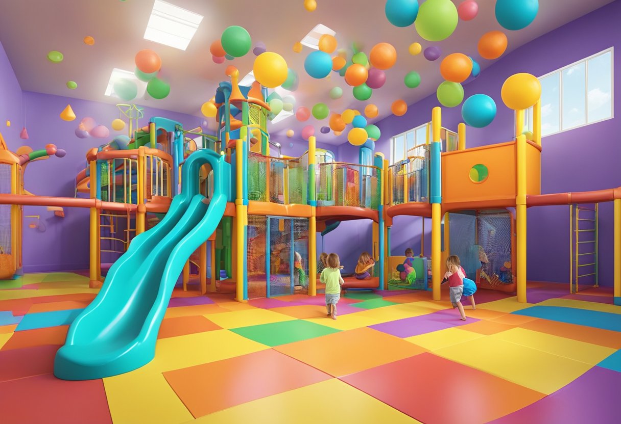 Kids playing in a colorful indoor playground with slides, ball pits, and climbing structures. Brightly painted walls and soft flooring create a fun and safe environment for children to explore and play