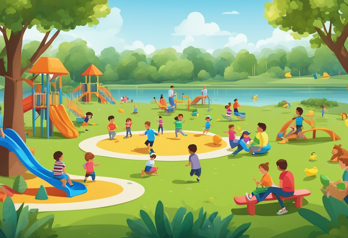 Children playing in a colorful playground with slides, swings, and monkey bars. Families having picnics on lush green grass. A nearby lake with paddle boats and ducks