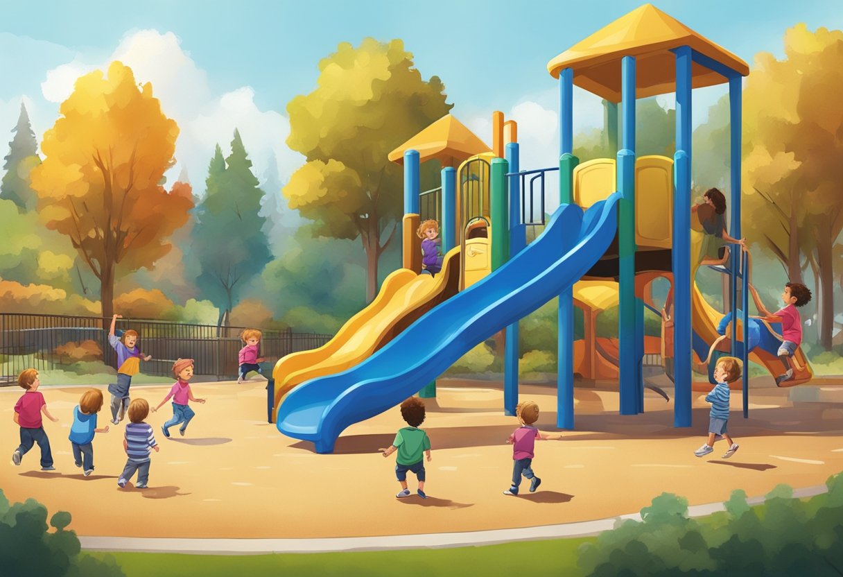 Children laughing and playing on colorful playground equipment in a spacious park in Sammamish, Washington