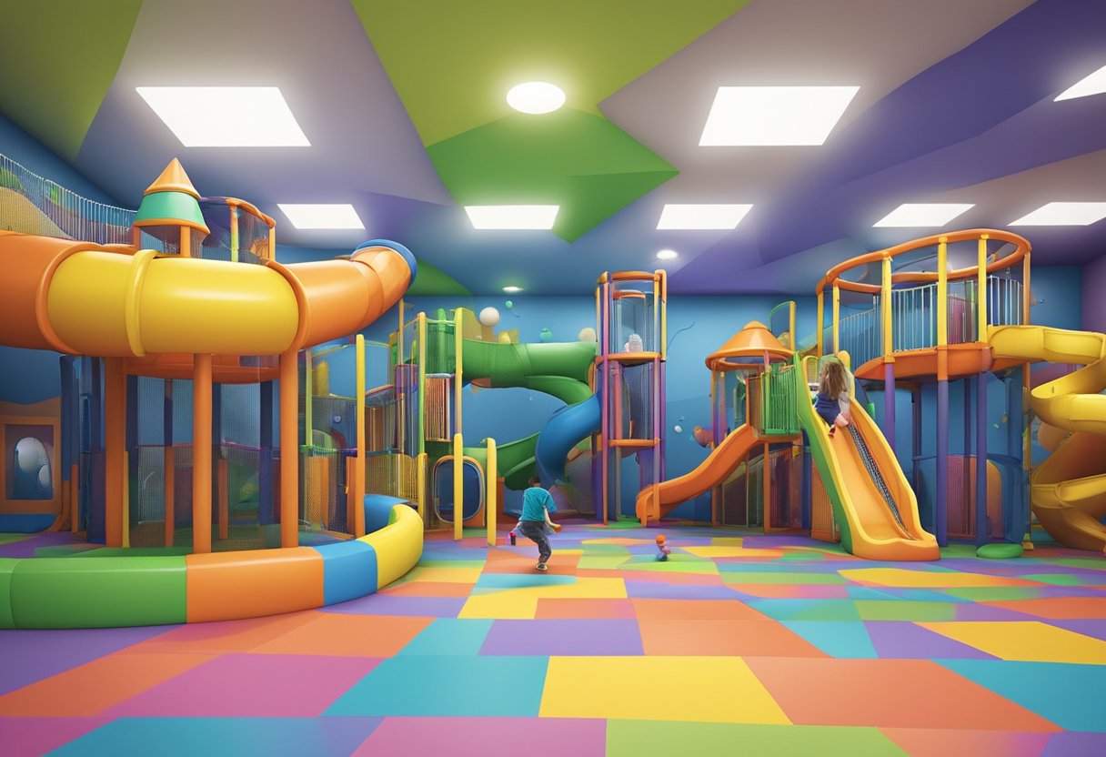 Kids playing in a colorful indoor playground, surrounded by slides, ball pits, and climbing structures. Brightly painted walls and soft flooring create a safe and fun environment for children to explore and enjoy