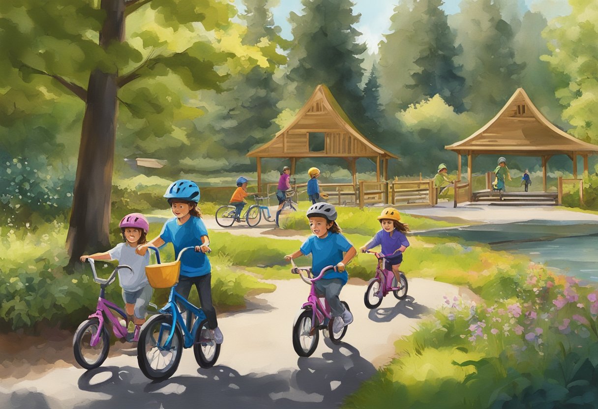 Children playing at the Marymoor Park playground, riding bikes on the Sammamish River Trail, and exploring nature at the Farrel-McWhirter Farm Park in Redmond, Washington
