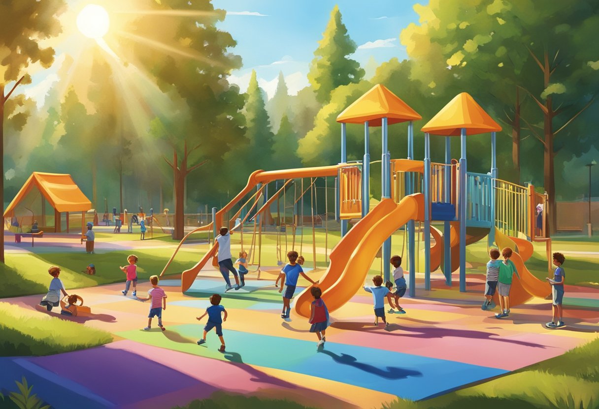 Children play on colorful playground equipment in a spacious park surrounded by trees and greenery. The sun shines down on the joyful scene in Redmond, Washington