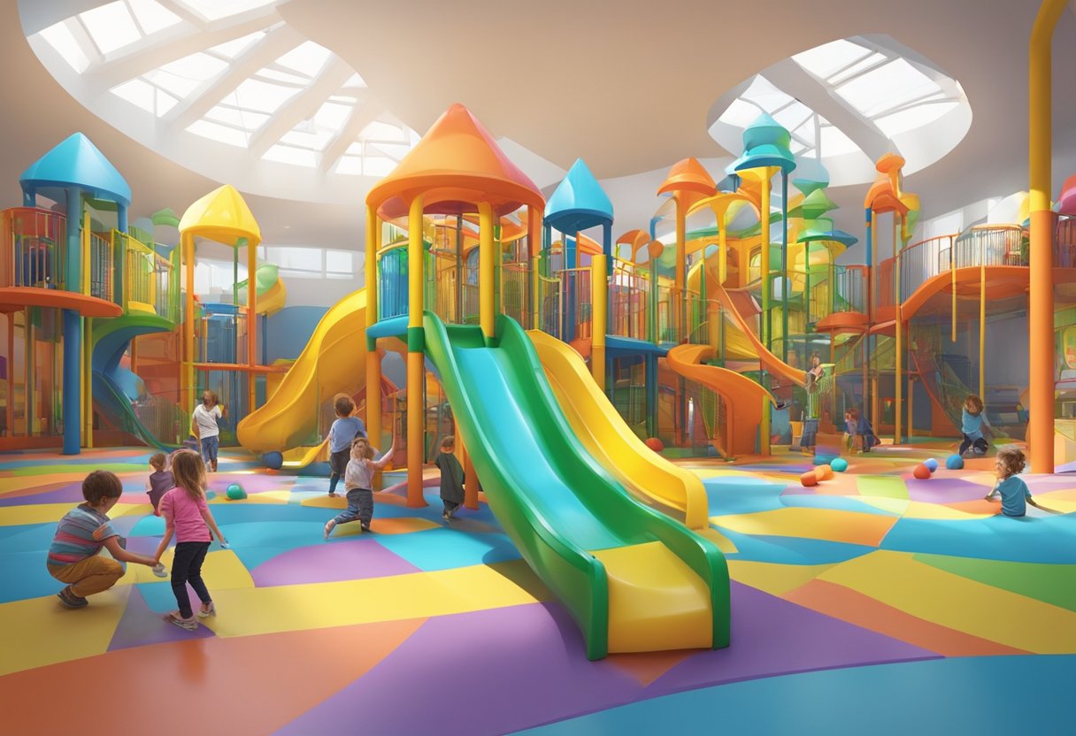 Colorful play structures fill the indoor area. Children laugh and play in the vibrant space, surrounded by slides, tunnels, and climbing walls