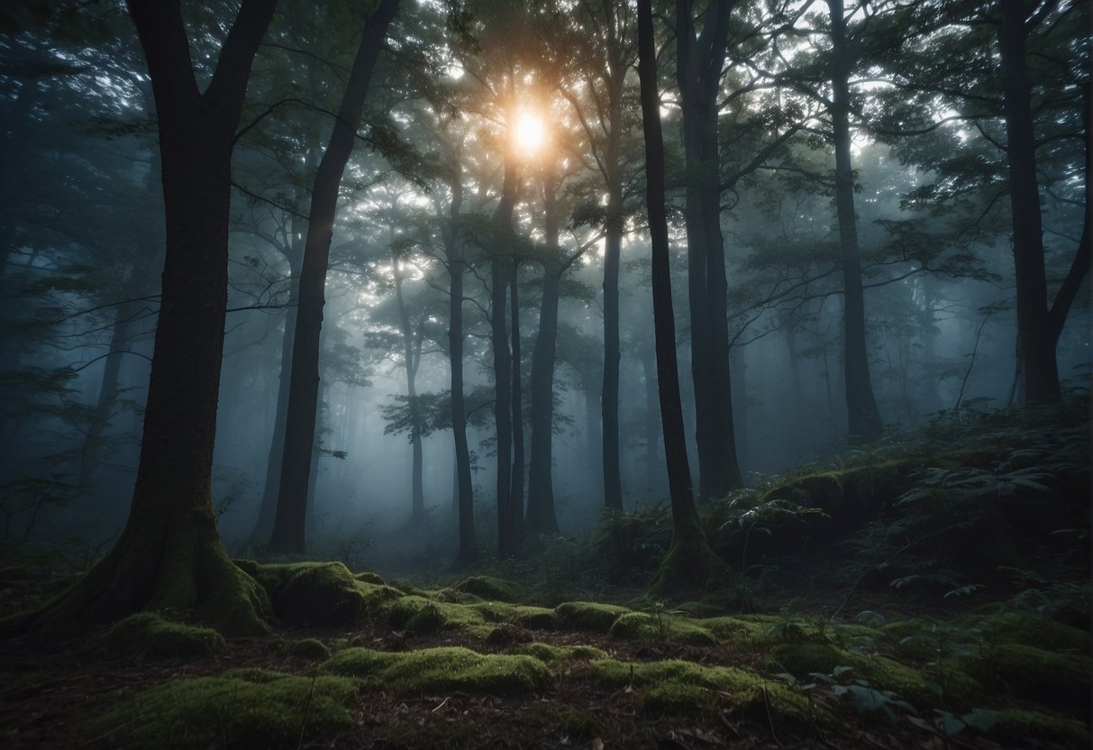 A misty forest at dusk, with ancient trees and glowing orbs of light, emanating an eerie yet enchanting atmosphere