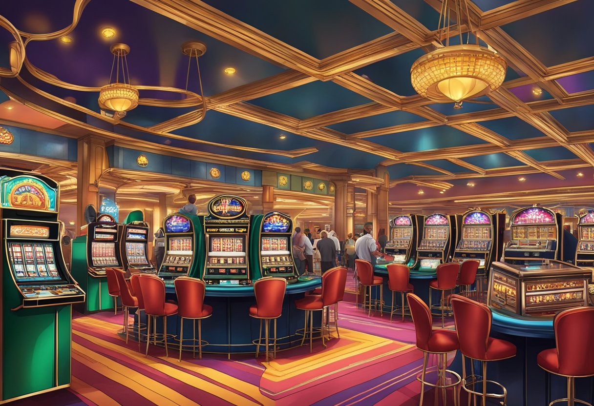 A bustling casino floor with slot machines, card tables, and a vibrant atmosphere