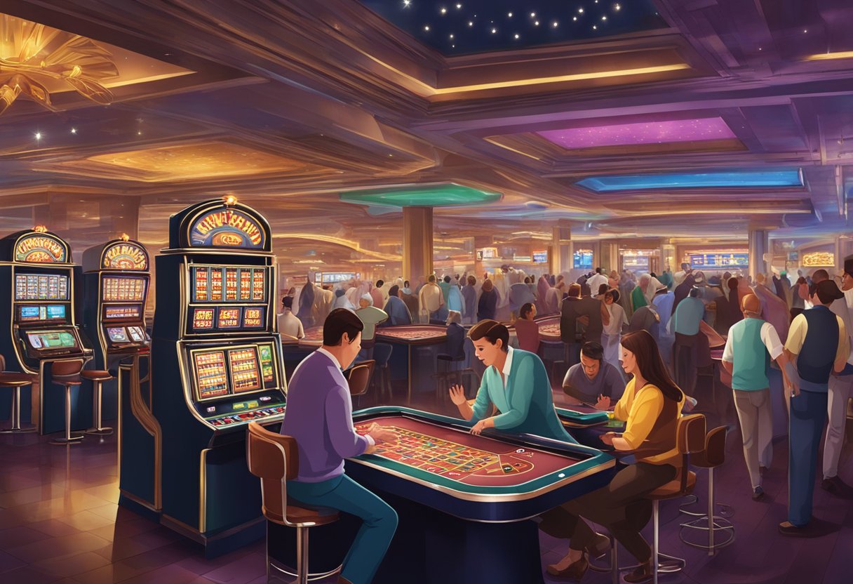 A bustling casino floor with flashing lights, slot machines, and card tables. Patrons cheer and groan as they play games of chance