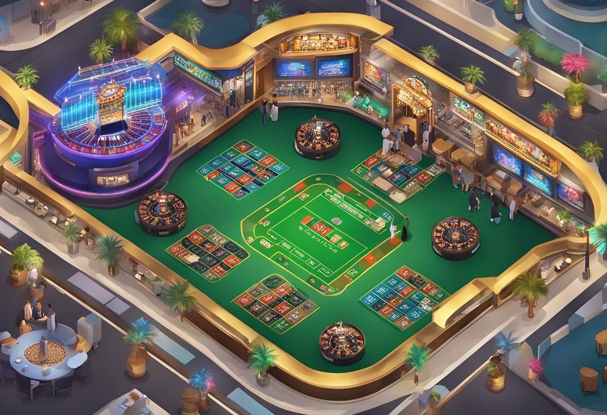 An aerial view of Lion Slots Casino with vibrant slot machines, roulette tables, and a bustling crowd of patrons