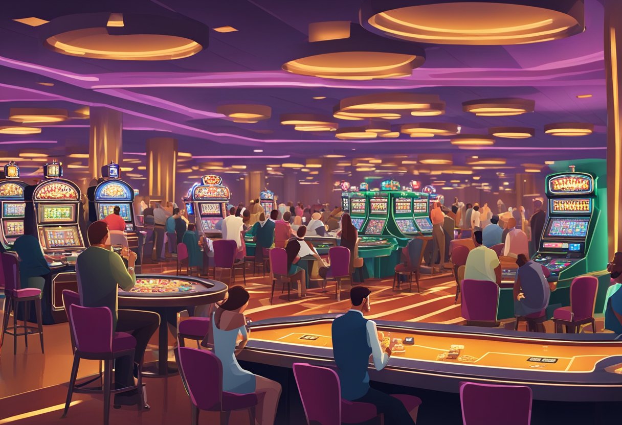 A bustling casino floor with slot machines, card tables, and flashing lights. Patrons cheer and groan as they win or lose money