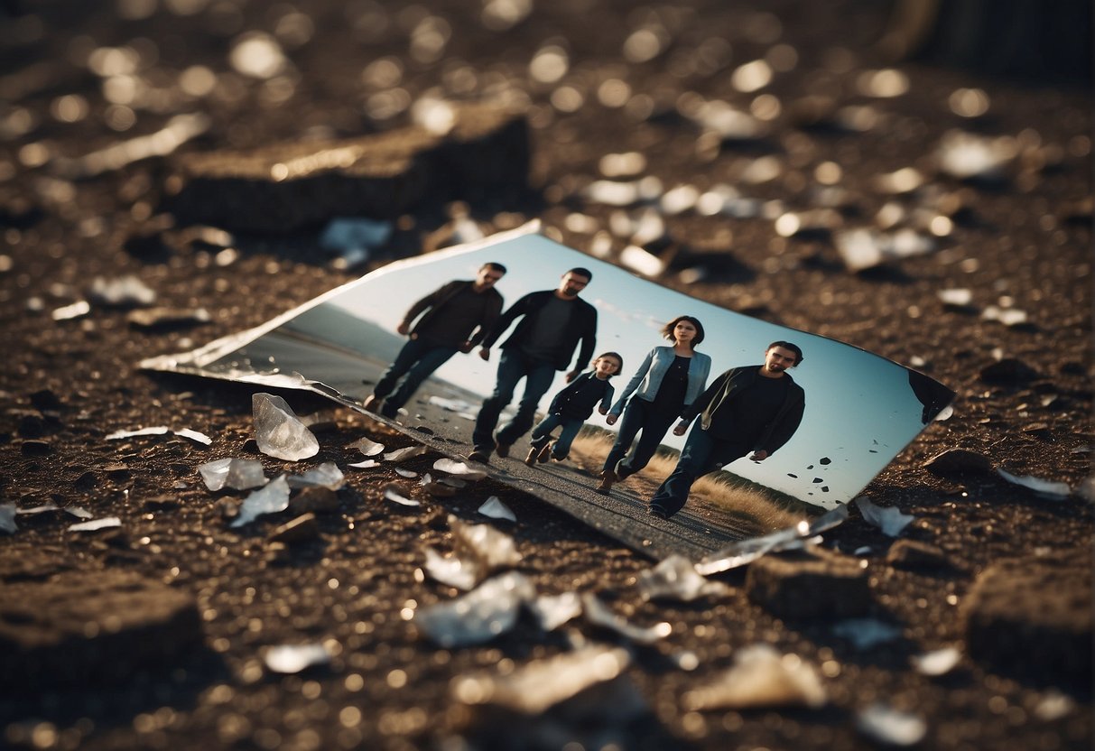 A broken family photo lies shattered on the ground, symbolizing the betrayal and pain within the family unit