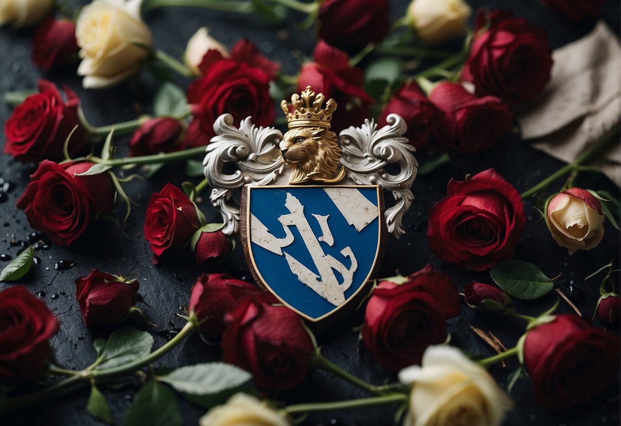 A broken family crest lies shattered, surrounded by wilted roses and torn letters