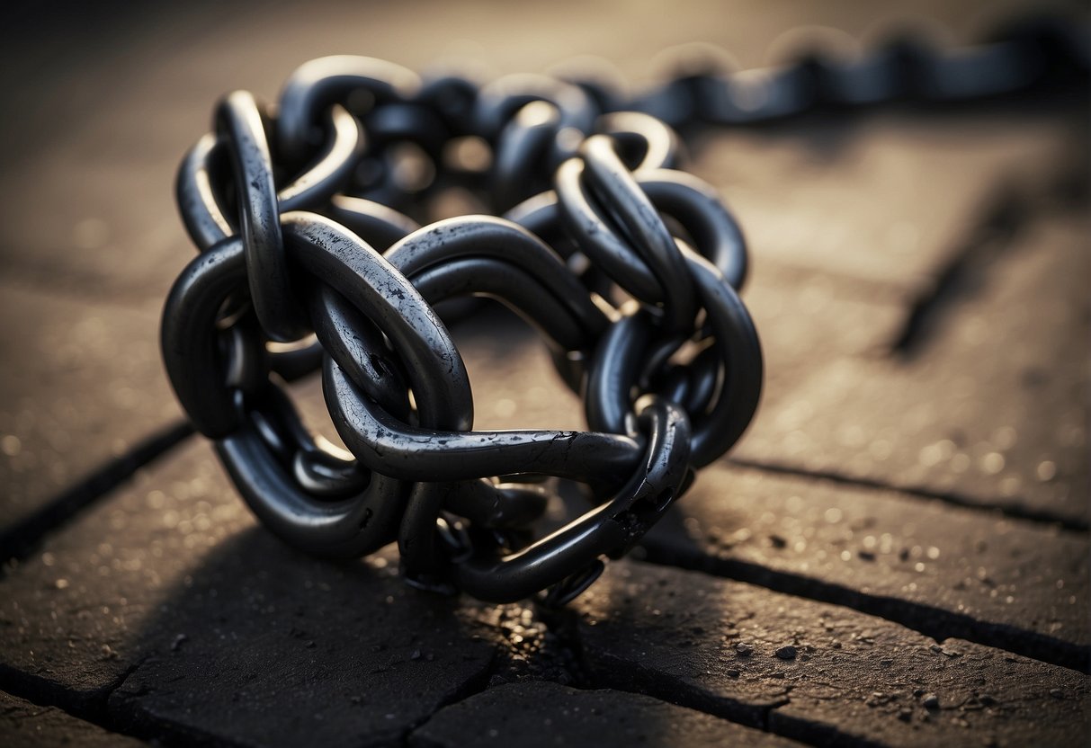 A broken chain symbolizing betrayal, surrounded by fractured hearts and mended bonds