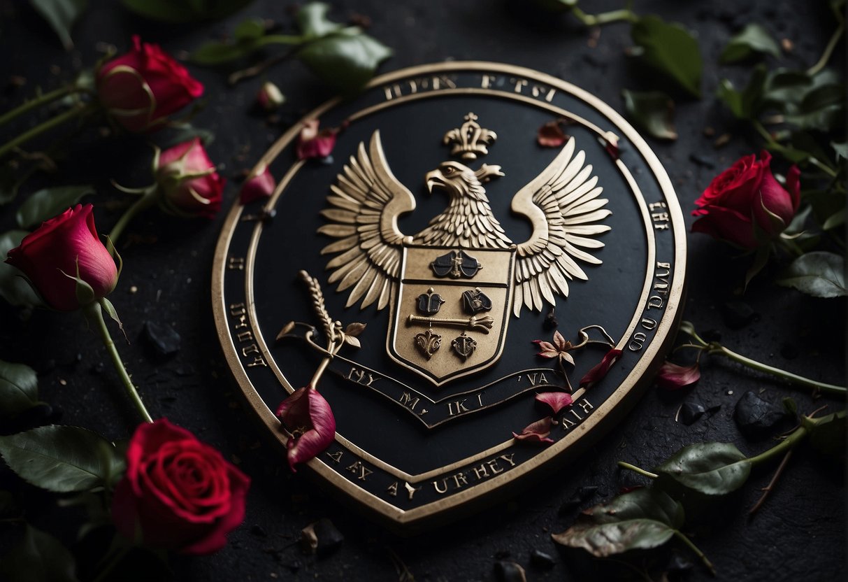 A broken family crest lies shattered on the ground, surrounded by wilted roses and torn letters. A dark shadow looms over the scene, symbolizing the weight of betrayal