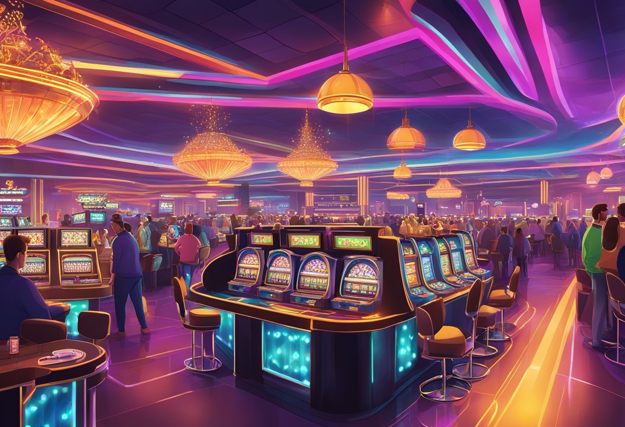 A bustling casino floor with slot machines, card tables, and a vibrant atmosphere. The casino is adorned with neon lights and flashy décor, creating an exciting and lively environment