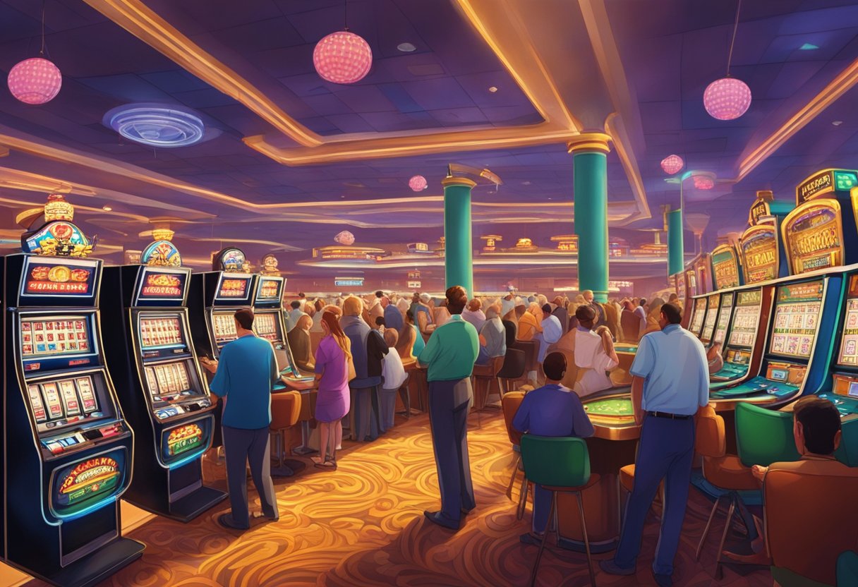 Bright lights, slot machines, and card tables fill the bustling casino floor. Patrons cheer and groan as they try their luck. A bustling atmosphere with a mix of excitement and tension