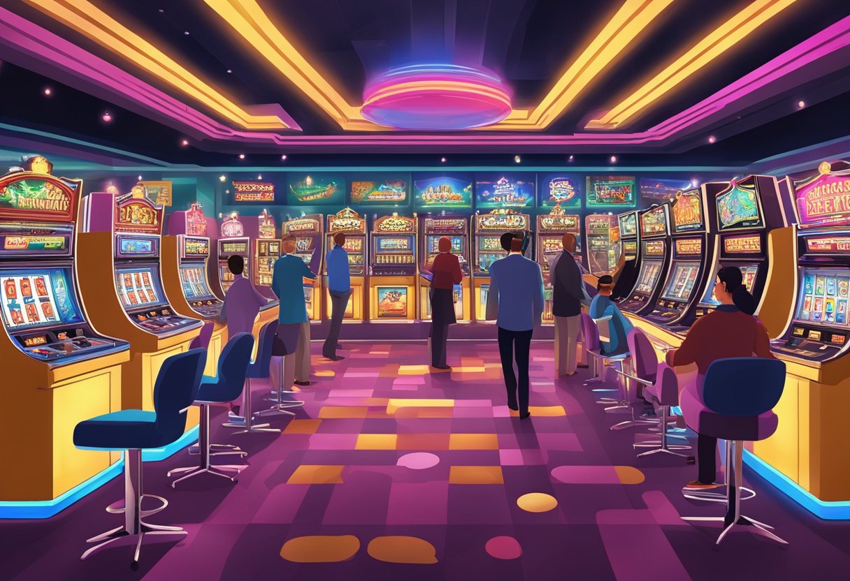 A vibrant casino floor filled with slot machines, flashing lights, and excited patrons at SlotsWin Casino