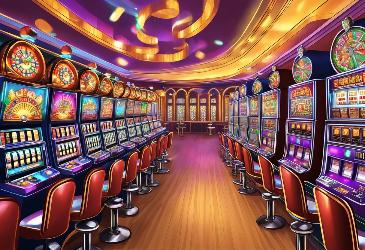 Bright lights flash on rows of slot machines, enticing players with the promise of big wins. The sound of spinning reels and ringing jackpots fills the air, creating an atmosphere of excitement and anticipation at SlotsWin Casino