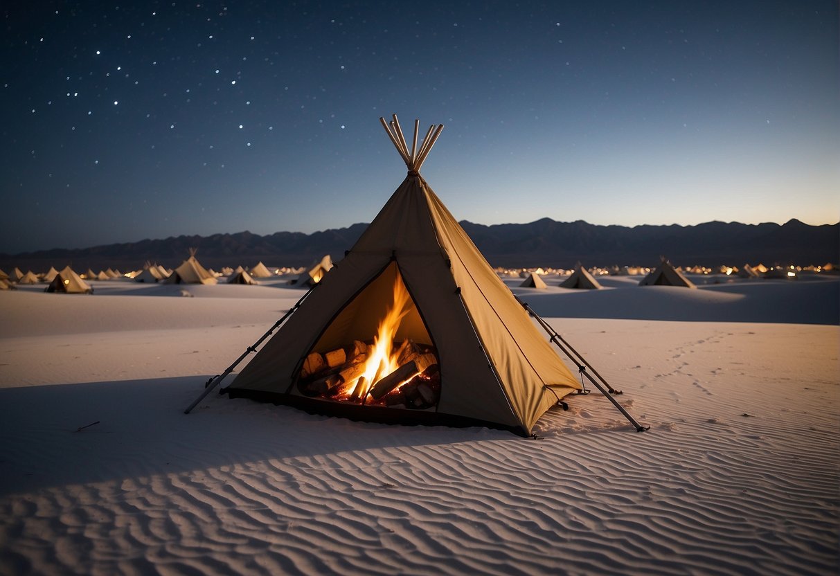 A campfire flickers on the white sands, casting long shadows. Tents are set up in the distance under a starry sky