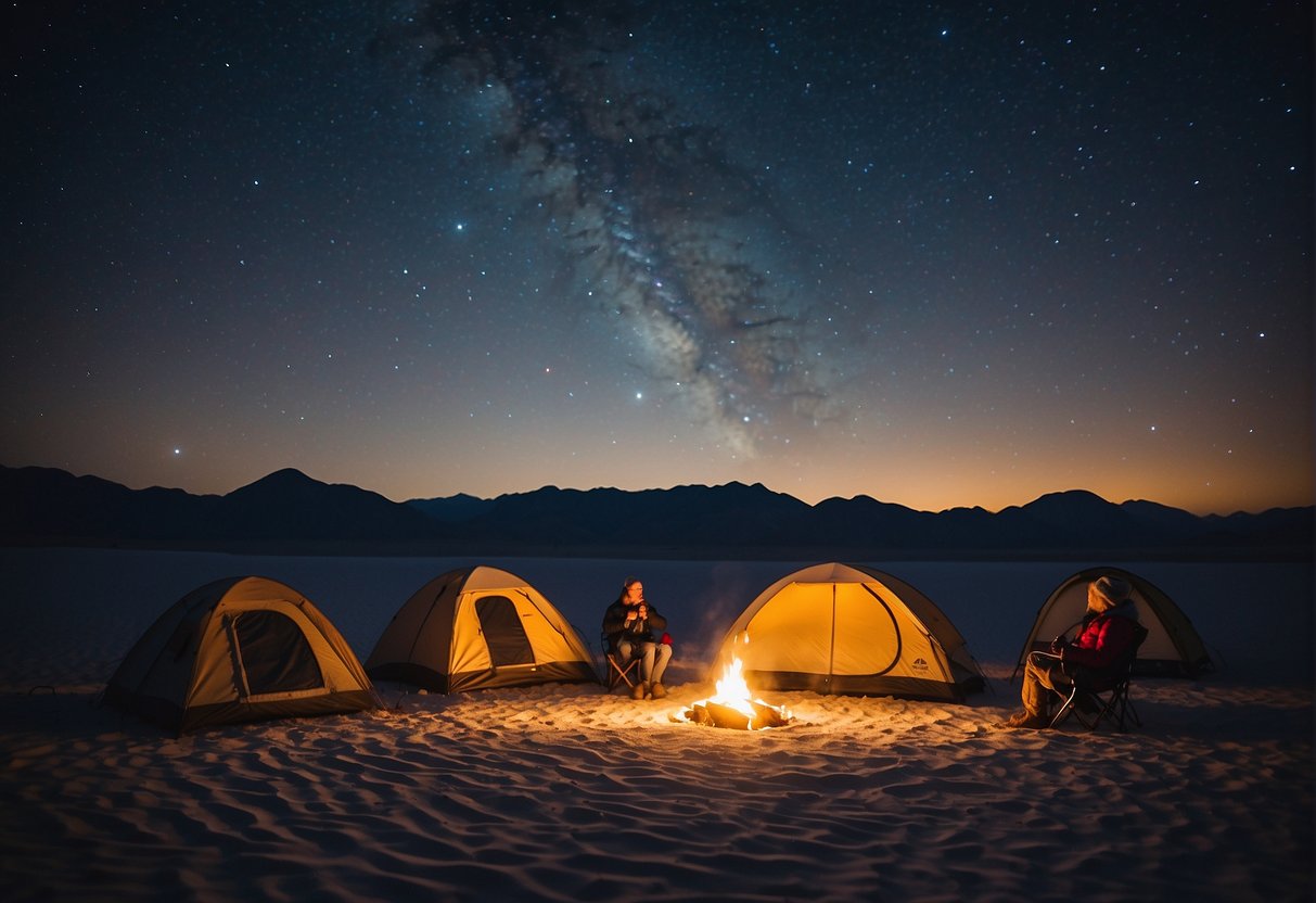 A group of tents set up in the white sands national park, with campers sitting around a crackling campfire under the starry night sky
