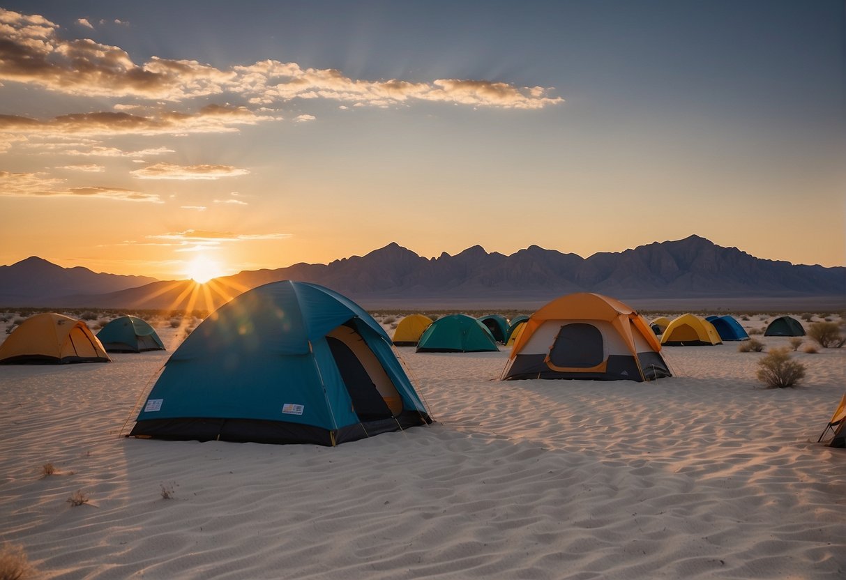 Campers pitch tents on the soft, white sands of the national park. Signs display rules and regulations for camping. The sun sets behind the distant mountains