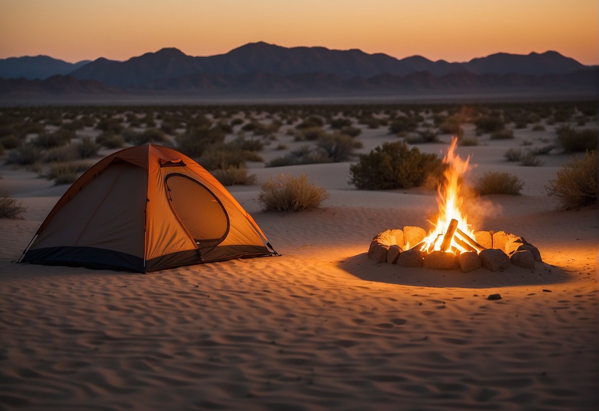 Sunset over desert dunes, with a tent pitched in the distance and a campfire glowing. Sparse vegetation and towering sand formations create a serene, isolated atmosphere