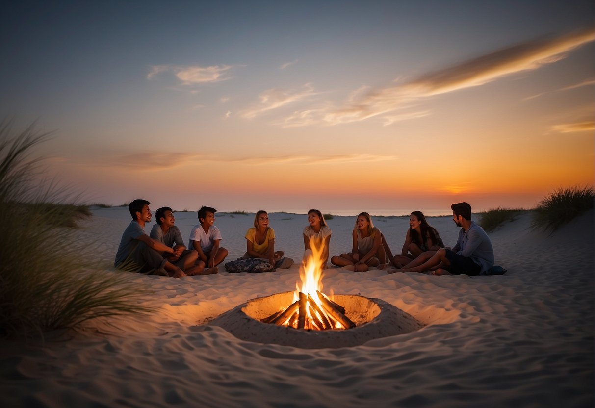 The sun sets behind the towering white sand dunes as campfires flicker and families gather under the starry night sky