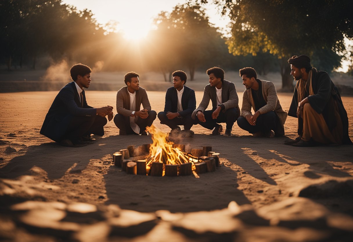 People from different cultures gather around a central fire, each holding symbolic objects. The sun sets behind them, casting long shadows on the ground